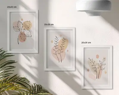 Set ingelijste schilderijen met minimalistische planttekeningen in pastelkleuren