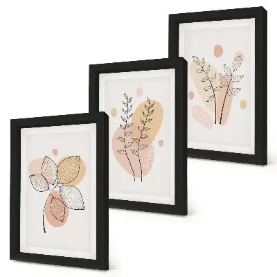 Set ingelijste schilderijen met minimalistische planttekeningen in pastelkleuren