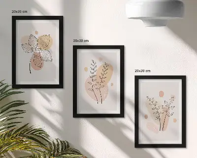 Set ingelijste schilderijen met minimalistische planttekeningen in pastelkleuren