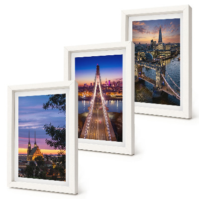 Set van ingelijste schilderijen Stadsgezichten met bruggen en zonsondergangen