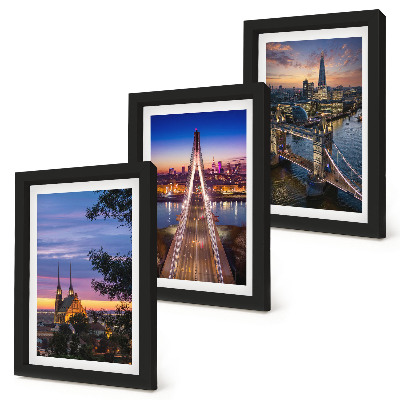 Set van ingelijste schilderijen Stadsgezichten met bruggen en zonsondergangen