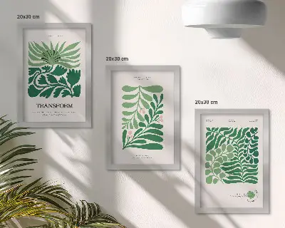 Set ingelijste schilderijen met een verzameling groene bladeren en planten in verschillende vormen