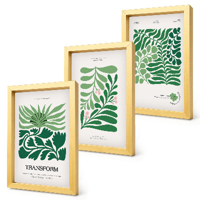 Set van ingelijste schilderijen Een verzameling groene bladeren en planten in verschillende vormen.