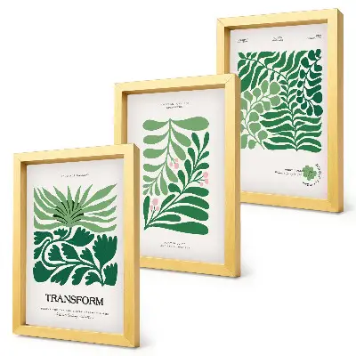 Set ingelijste schilderijen met een verzameling groene bladeren en planten in verschillende vormen