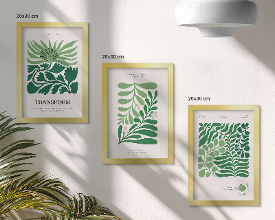Set van ingelijste schilderijen Een verzameling groene bladeren en planten in verschillende vormen.