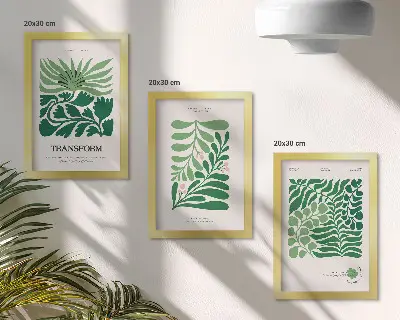 Set ingelijste schilderijen met een verzameling groene bladeren en planten in verschillende vormen