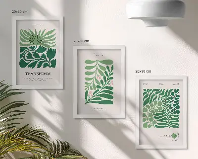 Set ingelijste schilderijen met een verzameling groene bladeren en planten in verschillende vormen