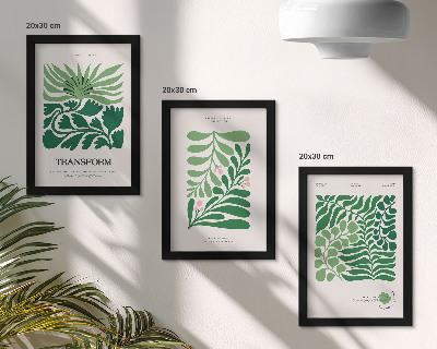 Set van ingelijste schilderijen Een verzameling groene bladeren en planten in verschillende vormen.