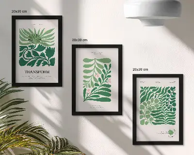 Set ingelijste schilderijen met een verzameling groene bladeren en planten in verschillende vormen