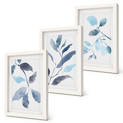 Set van ingelijste schilderijen Blauwe bladeren op een lichte achtergrond, aquarelstijl