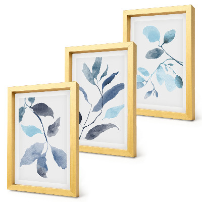 Set van ingelijste schilderijen Blauwe bladeren op een lichte achtergrond, aquarelstijl