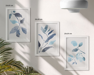 Set van ingelijste schilderijen Blauwe bladeren op een lichte achtergrond, aquarelstijl