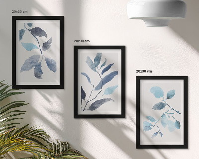 Set van ingelijste schilderijen Blauwe bladeren op een lichte achtergrond, aquarelstijl