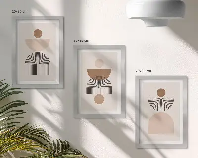 Set van ingelijste schilderijen met abstracte vormen in bruine en beigetinten