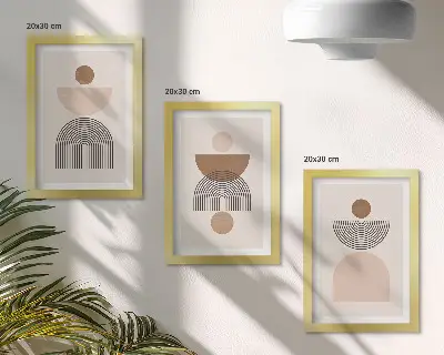 Set van ingelijste schilderijen met abstracte vormen in bruine en beigetinten