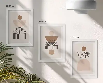 Set van ingelijste schilderijen met abstracte vormen in bruine en beigetinten