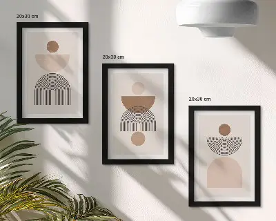 Set van ingelijste schilderijen met abstracte vormen in bruine en beigetinten