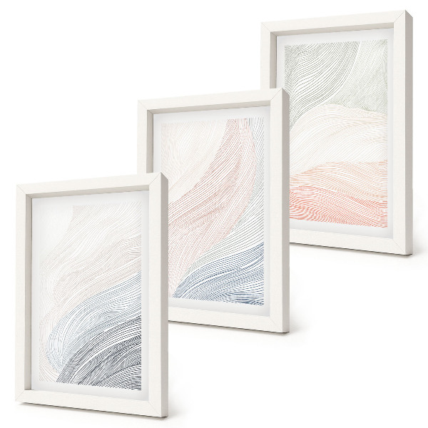 Set van ingelijste schilderijen Abstracte golven geschilderd op karton in pastelkleuren.