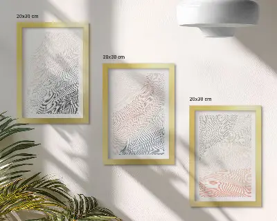Set ingelijste schilderijen met abstracte golven in pastelkleuren op karton
