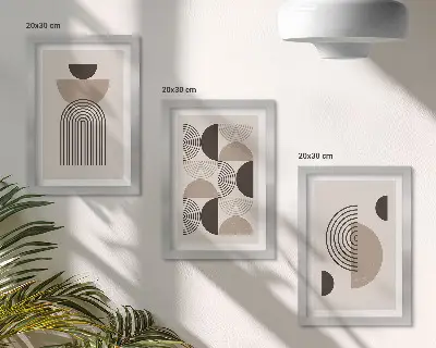 Gallery wall met abstracte geometrische patronen in minimalisme