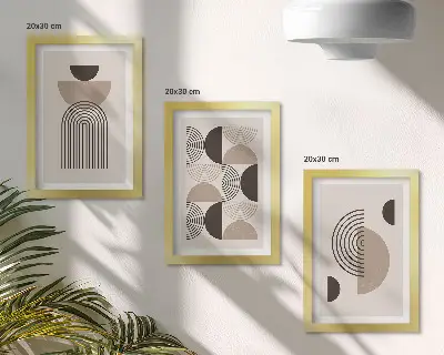 Gallery wall met abstracte geometrische patronen in minimalisme