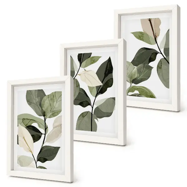 Set van ingelijste schilderijen met delicate botanische boho-plantenbladeren
