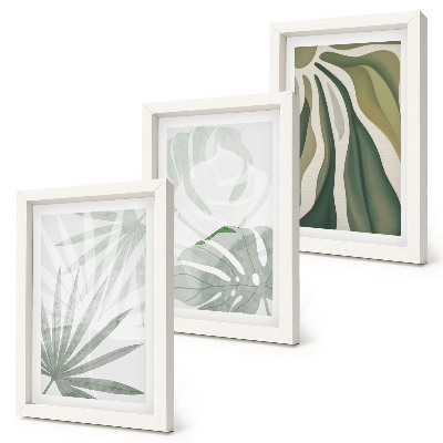 Set van ingelijste schilderijen Plantenbladeren in groene en grijze tinten.