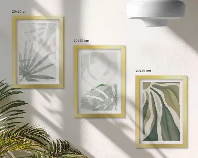 Set ingelijste schilderijen met plantenbladeren in groene en grijze tinten