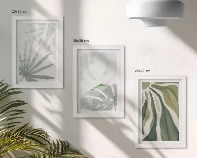 Set ingelijste schilderijen met plantenbladeren in groene en grijze tinten