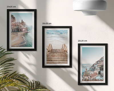 Set van ingelijste schilderijen Zomerse pastelkleuren met architectuur aan zee en strand