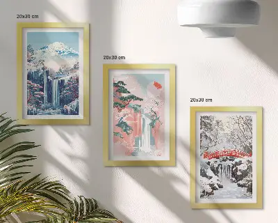 Gallery wall met berglandschappen en watervallen in verschillende seizoenen