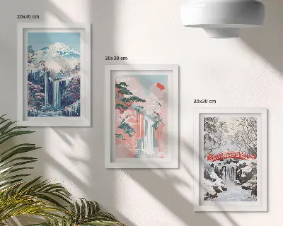Gallery wall met berglandschappen en watervallen in verschillende seizoenen
