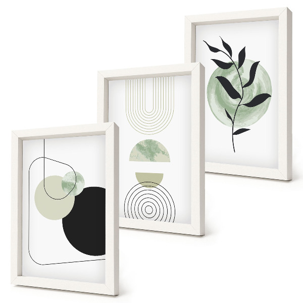 Set van ingelijste schilderijen Abstracte vormen en plantmotieven in groen