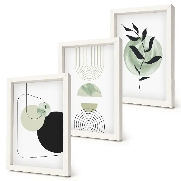 Set van ingelijste schilderijen met abstracte vormen en plantmotieven in het groen