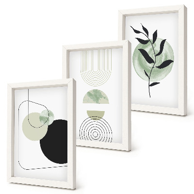 Set van ingelijste schilderijen Abstracte vormen en plantmotieven in groen