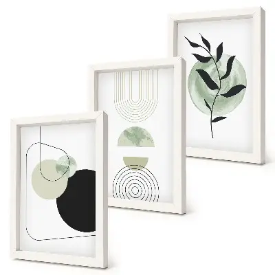 Set van ingelijste schilderijen met abstracte vormen en plantmotieven in het groen