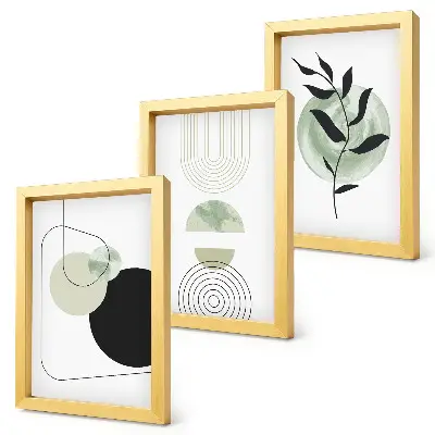 Set van ingelijste schilderijen met abstracte vormen en plantmotieven in het groen