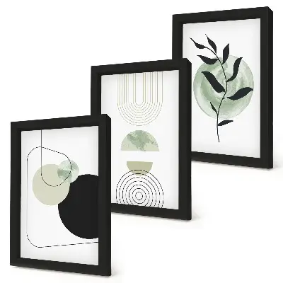 Set van ingelijste schilderijen met abstracte vormen en plantmotieven in het groen