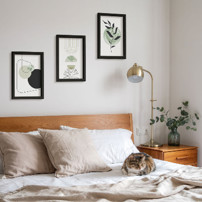 Set van ingelijste schilderijen Abstracte vormen en plantmotieven in groen