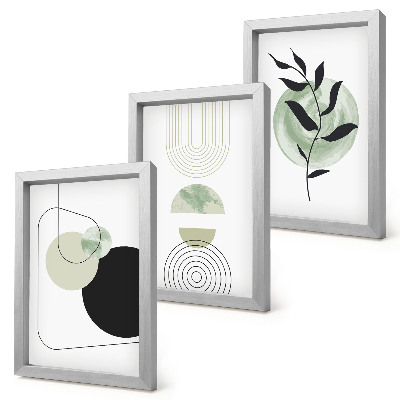 Set van ingelijste schilderijen Abstracte vormen en plantmotieven in groen