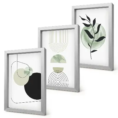 Set van ingelijste schilderijen met abstracte vormen en plantmotieven in het groen