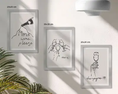 Set van ingelijste schilderijen vrolijke momenten met wijn en champagne in lijnkunststijl