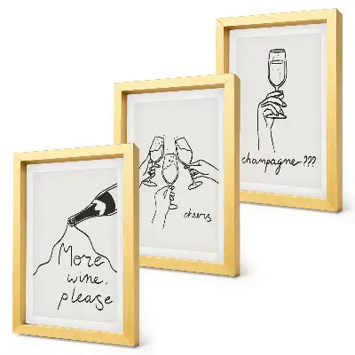 Set van ingelijste schilderijen vrolijke momenten met wijn en champagne in lijnkunststijl
