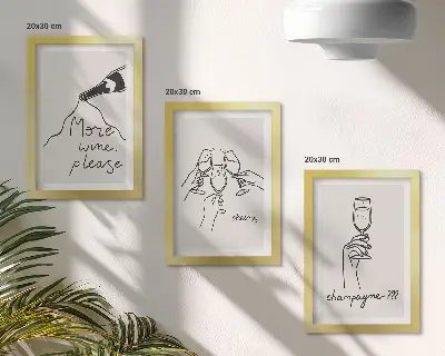 Set van ingelijste schilderijen vrolijke momenten met wijn en champagne in lijnkunststijl