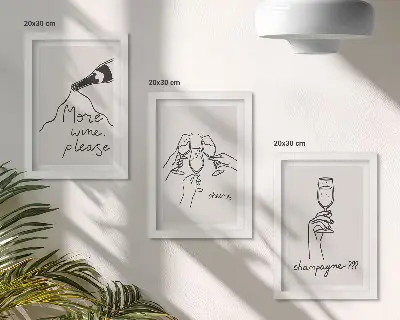 Set van ingelijste schilderijen vrolijke momenten met wijn en champagne in lijnkunststijl