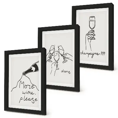 Set van ingelijste schilderijen vrolijke momenten met wijn en champagne in lijnkunststijl