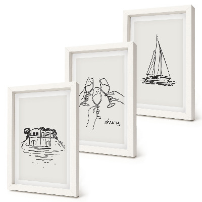 Gallery wall Uitzicht op het huis aan het water, proost met glazen, zeilboot