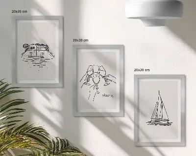 Gallery wall uitzicht op het huis aan het water met zeilboot en proostende glazen