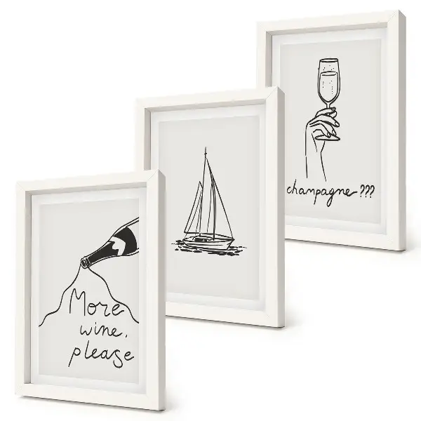 Set van ingelijste schilderijen met wijn, zeilboot en champagneglas in lineaire stijl