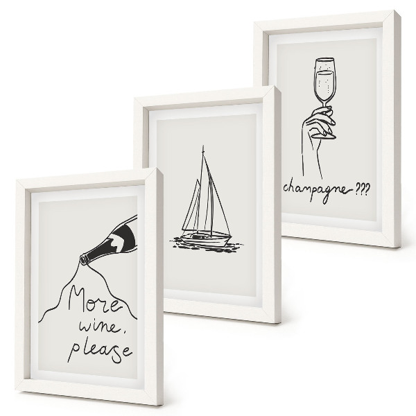 Set van ingelijste schilderijen Wijn zeilboot champagneglas lineaire stijl